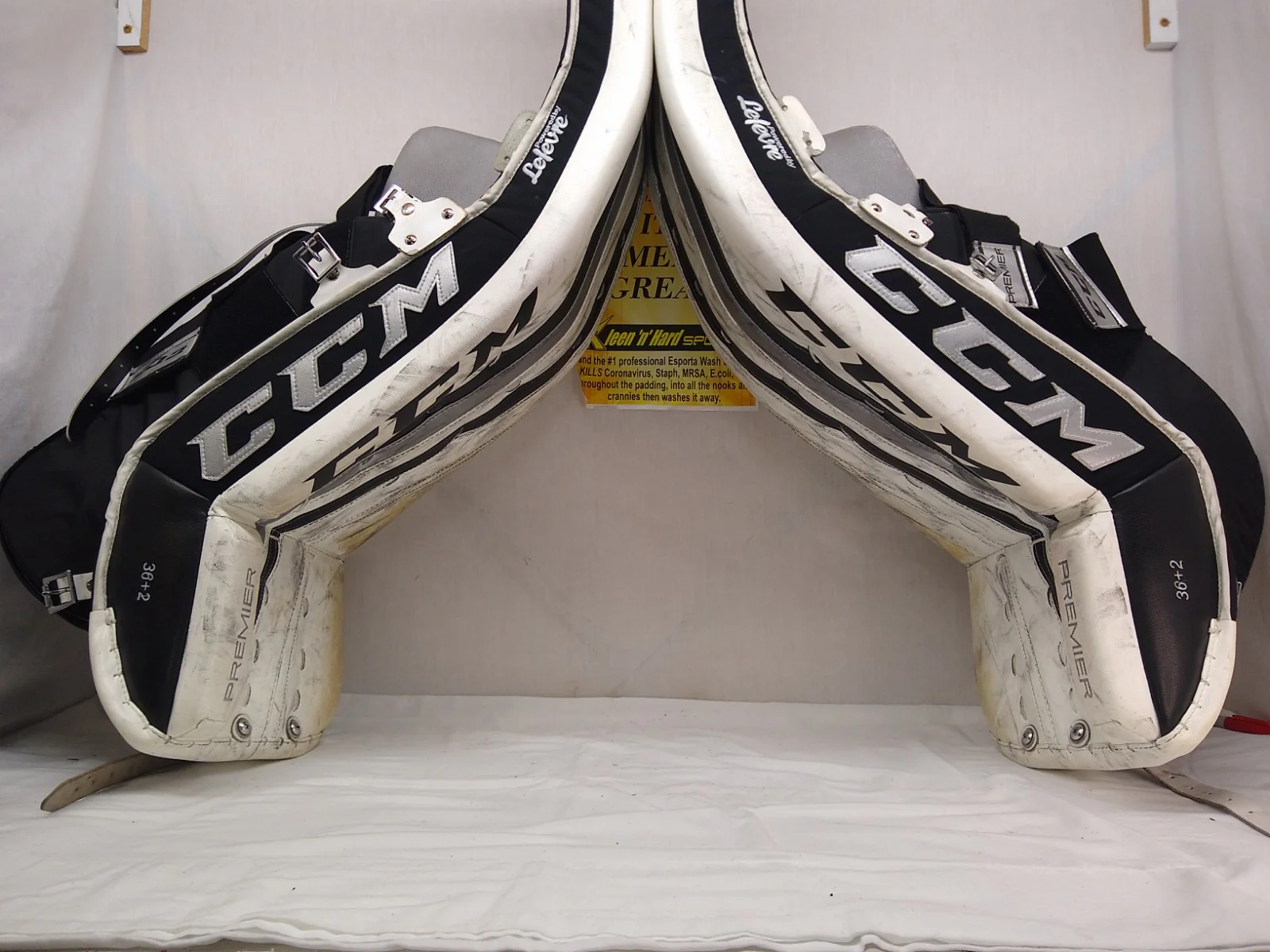 Used CCM Premier Pro Size 36+2 White/Silver Ice Hockey Goalie Leg Pads - Image 6
