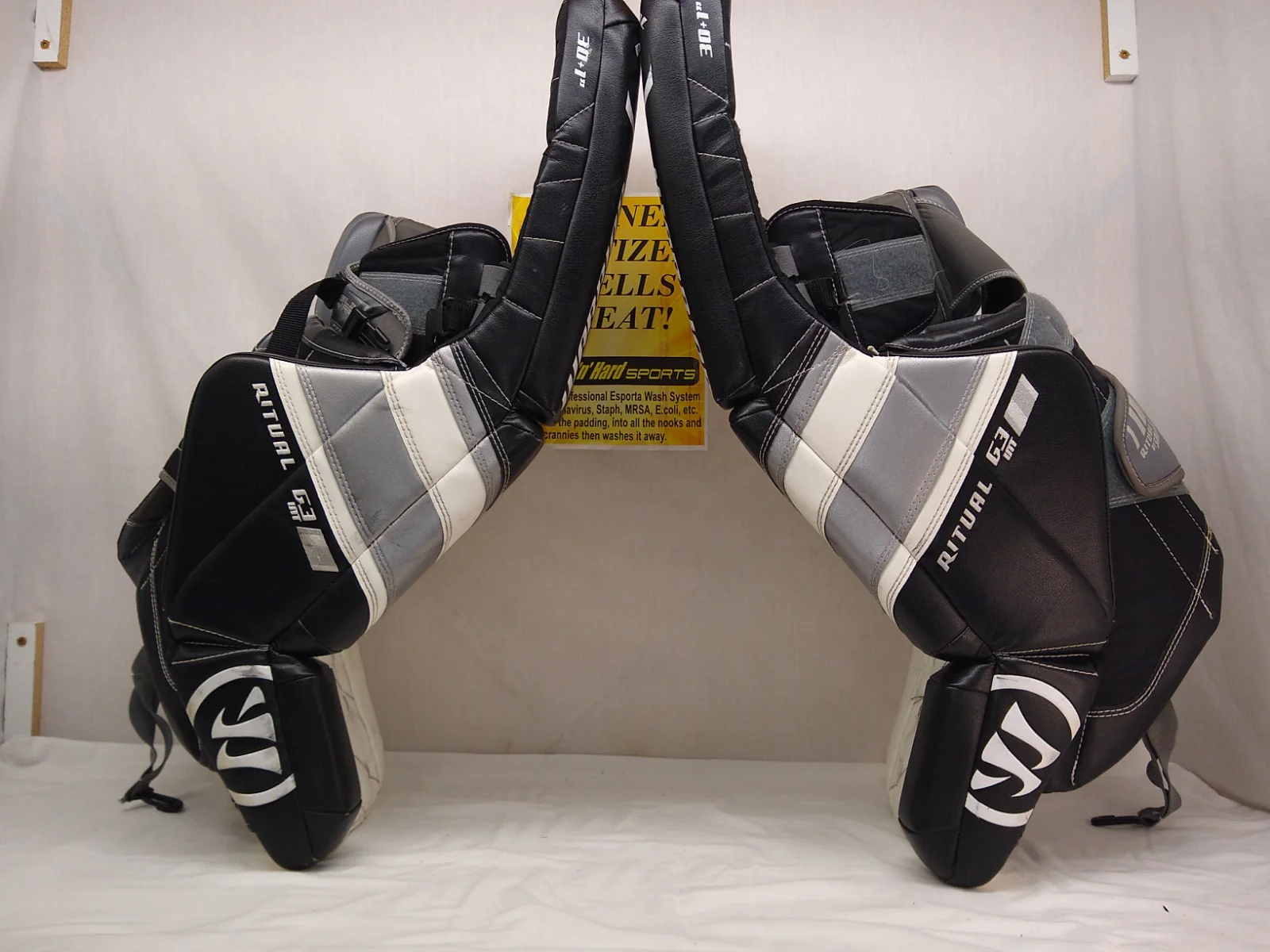 Used Warrior Ritual G3 Size 30" + 1" White/Black Hockey Goalie Leg Pads - Image 6